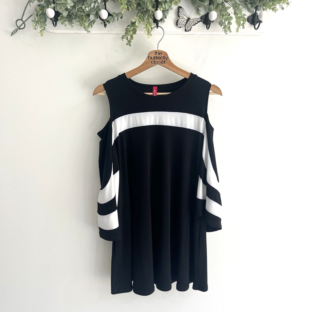 IC By Connie K Black White Stripe Slinky Cold Shoulder Bell Sleeve Top Size S V4
